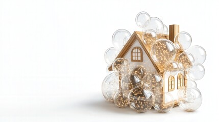 Bubble house concept with multiple transparent spheres isolated on white background