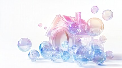Bubble house concept with multiple transparent spheres isolated on white background