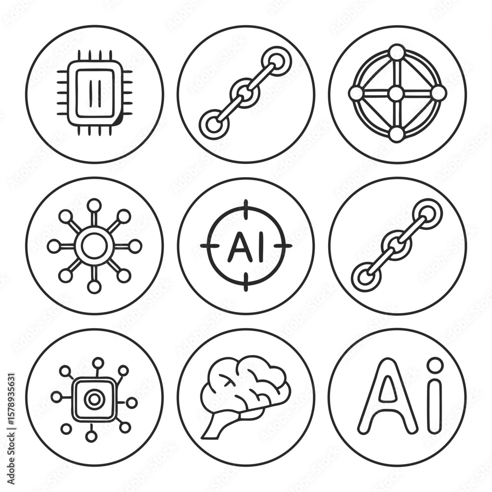 Poster nine circular icons representing artificial intelligence concepts