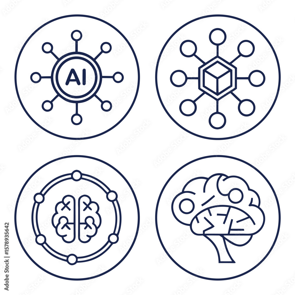 Poster four circular icons representing a i and neural networks