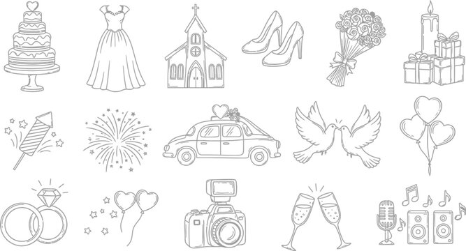 Wedding themed drawings including cake dress car and other decorations