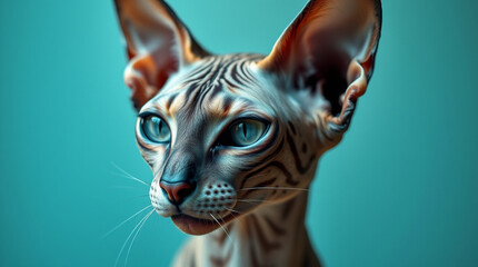 An extreme macro close-up of a sphinx cat, showcasing small subject details in a modern flat design, utilizing simple two-dimensional shapes