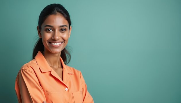 Portrait of smiling Indian retail worker in uniform on pastel background. Happy woman in orange shirt smiling. Retail, sales, customer service, shop staff, warehouse or office employee.