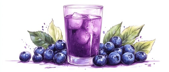 Refreshing blueberry juice with ice in a glass, surrounded by fresh blueberries and leaves. Watercolor painting.