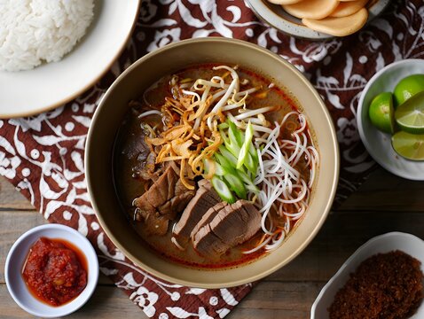 Delicious Soto Tauto. Unique Indonesian Beef Soup with Savory Fermented Soybean Flavor.