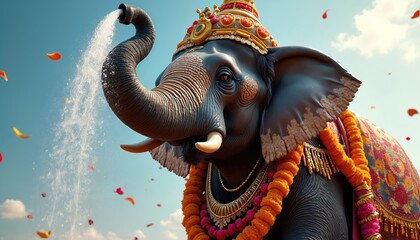 Obraz premium Decorated elephant sprays water from trunk. Traditional Asian culture, wildlife, animal, mammal. Celebratory mood, colorful garlands, festive decorations, traditional attire, floral ornaments,