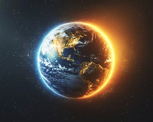 Fototapeta premium Fiery Earth glowing in space, showcasing continents and city lights. Global warming concept.