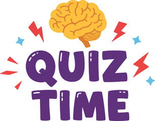 quiz time playful font with brain icon, flash doodles and timer sparks