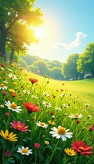 Obraz premium Sunlit meadow, wildflowers, gentle breeze, idyllic scene, beautiful spring, spring