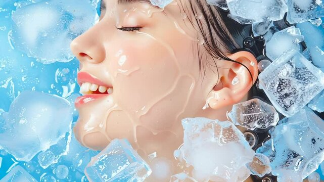 Young woman with closed eyes surrounded by melting ice cubes, water droplets on skin, representing cooling cosmetic procedure or beauty therapy concept.