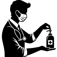 Black and White Vector Silhouette of a Doctor Using Wall-Mounted Dispenser