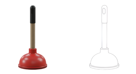 Isolated Red Plunger With Wooden Handle Plumbing Tool on White