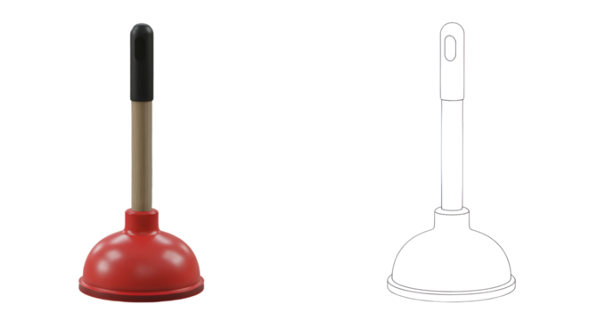 Isolated Red Plunger With Wooden Handle Plumbing Tool on White