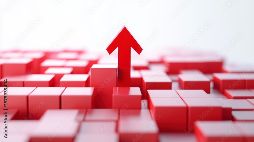 Poster red arrow pointing up above a field of red cubes.