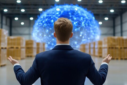 Businessman Contemplating Digital Innovation and Connectivity in Modern Warehouse Environment with Brain Made of Network Connections