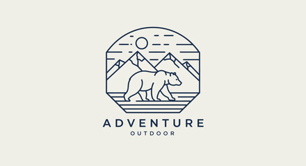 Linear Illustration of Bear Walking Amidst Mountains and Sun