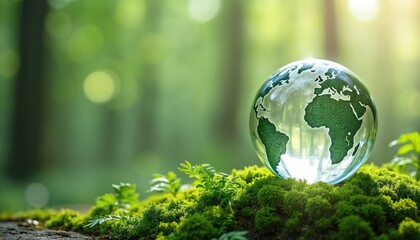 Crystal globe resting on lush green moss, fern leaves represent eco awareness, sustainability. Eco-friendly planet concept, environment protection, nature conservation, global eco system at forest.