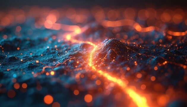 Abstract representation of data flow with glowing lines. Futuristic design with digital network concept, AI, innovation. Dynamic composition of glowing dots, lines, represents connectivity. Tech