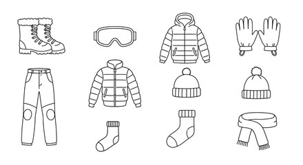 Winter Clothing Outline: Boots, Goggles, Jackets, Gloves, Pants, Hats, Socks, and Scarf
