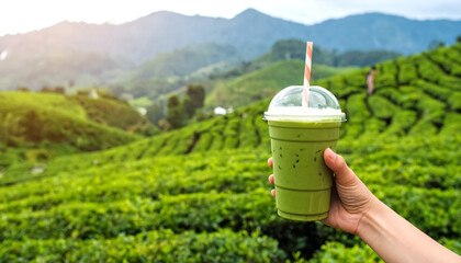 Hand holding modern take-away cup of iced matcha latte with paper straw