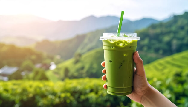 Hand holding modern take-away cup of iced matcha latte with paper straw