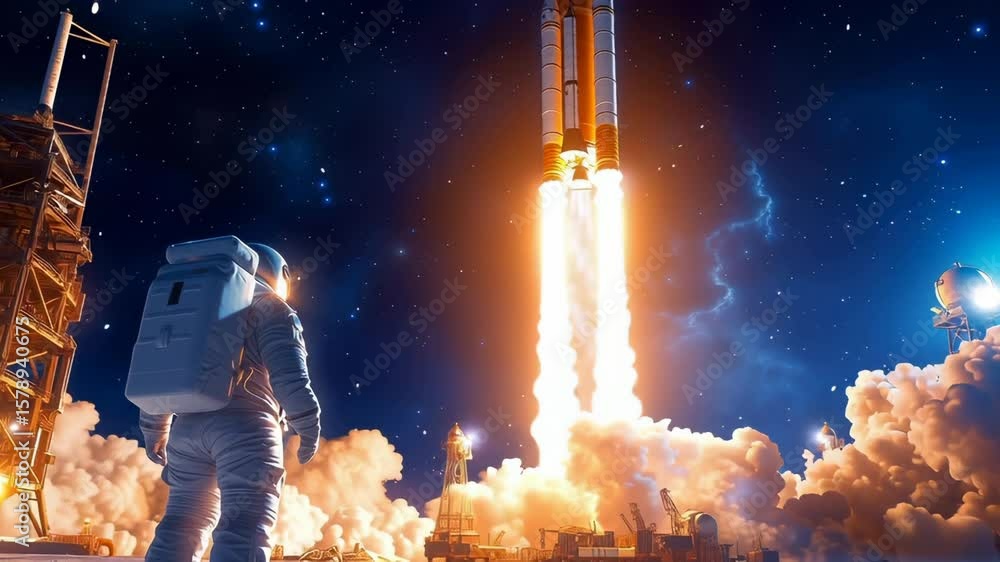 Poster astronaut standing on lunar surface observing powerful rocket launch with massive flame and smoke ag