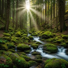 Obraz premium Sunbeams filter through a mossy forest onto a flowing stream