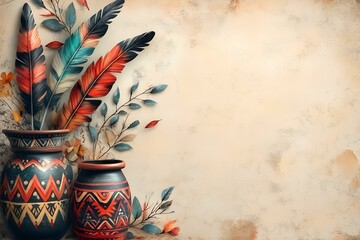 indigenous heritage illustration. feathers, pottery, and folk patterns with copy space. indigenous peoples' day