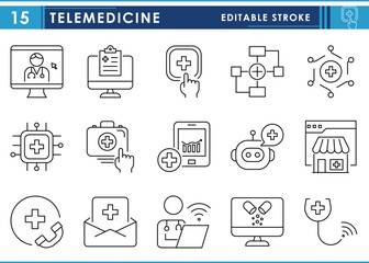A set of line icons related to Telemedicine. Online, medicine, doctor, chatbot, call, online report, and so on. Vector editable stroke.