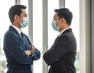 Two businessmen in suits converse
