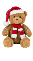 Isolated Teddy Bear In Christmas Hat And Scarf With Transparent Background