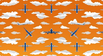 Fototapeta premium Aeroplane and Cloud Pattern Seamless Aviation Design on Orange Background for Travel-themed Projects