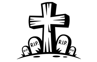 Graveyard scene with a large cross and gravestones, a black and white isolated cartoon illustration for spooky Halloween event decorations, svg, vector, transparent, isolated