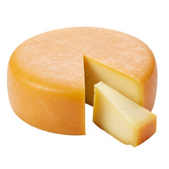 Isolated Transparent Background Of A Round Cheese with Cut Wedge