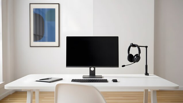 Modern desk setup with computer and artwork monitor keyboard