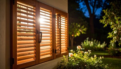Wooden shutters on a window at dusk, sunlight streaming through