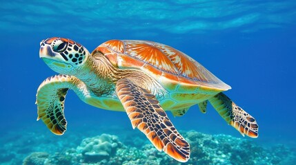 Fototapeta premium Stunning Close-Up of a Majestic Sea Turtle Swimming Gracefully Through Vibrant Coral Reefs Under Clear Blue Ocean Waters