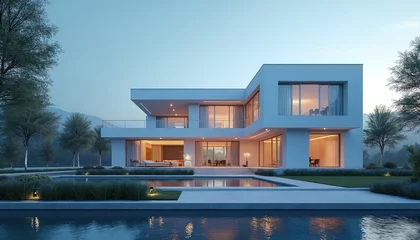 Fototapete Modern luxury villa exterior at dusk. Contemporary design features large windows, pool. Smart home, automated buildings concept, real estate, property management. Eco-friendly, sustainable living. © Viktor