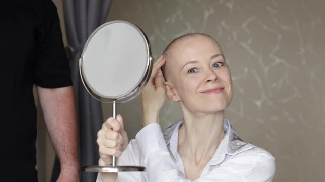 Woman Faces Her New Reflection After Chemotherapy Hair Loss - Powered by Adobe
