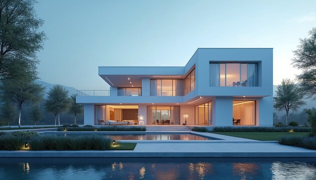 Modern luxury villa exterior at dusk. Contemporary design features large windows, pool. Smart home, automated buildings concept, real estate, property management. Eco-friendly, sustainable living.