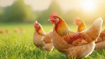 Fototapeta premium Vibrant Chickens Roaming Freely in Sunny Green Pasture at Golden Hour, Capturing Serene Country Life and Natural Farming Practices