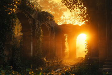 Sunset casting golden light over ancient castle ruins in a forest park setting