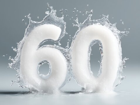 Frosted white number sixty surrounded by dynamic splashes of clear water on a muted gray background creating a vibrant artistic composition
