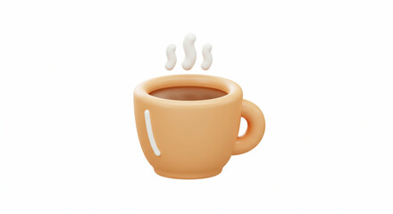 3D rendering of a beige mug with steam filled with a brown liquid isolated on a white background