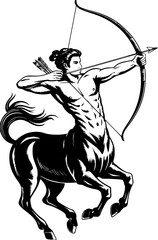 Sagittarius centaur archer illustration – mythological half-human half-horse shooting bow and arrow – black and white vintage style zodiac sign vector – powerful astrological symbol