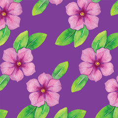 Vinca Flower with leaves hand drawn watercolor Pattern on purple background