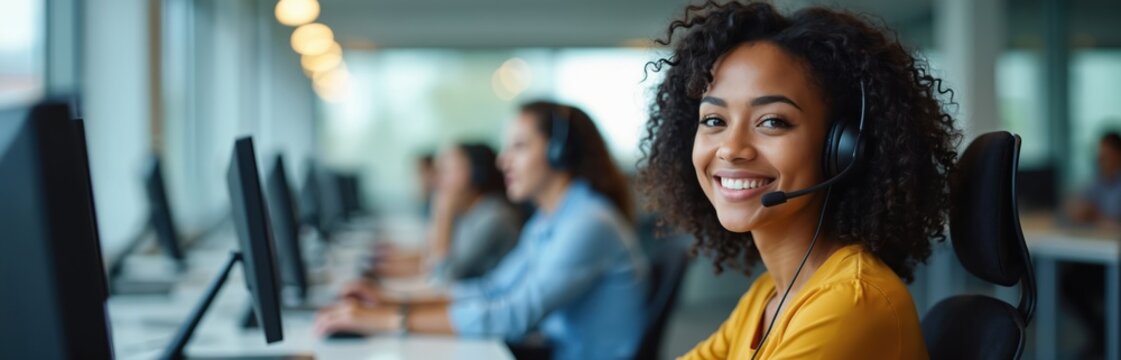 Smiling customer support representative with headset at call center desk. Friendly agent provides client service via phone, working with computer. Pro tech specialist consults customers. Call center, - Powered by Adobe