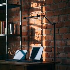 Modern desk setup with tablets and adjustable lamp against brick wall keyboard