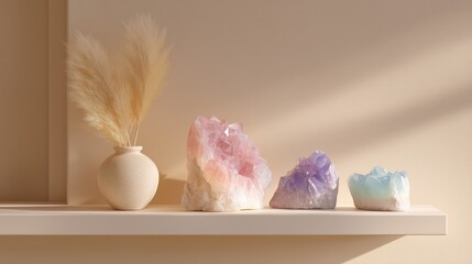 Elegant Pastel Geode Crystals on Minimalist Shelf Decor with Soft Natural Light