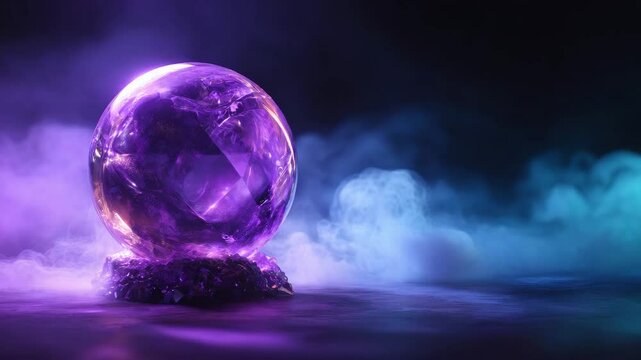 A purple crystal ball sits on a rock surface with a surrounding mist of blue and purple smoke against a dark background